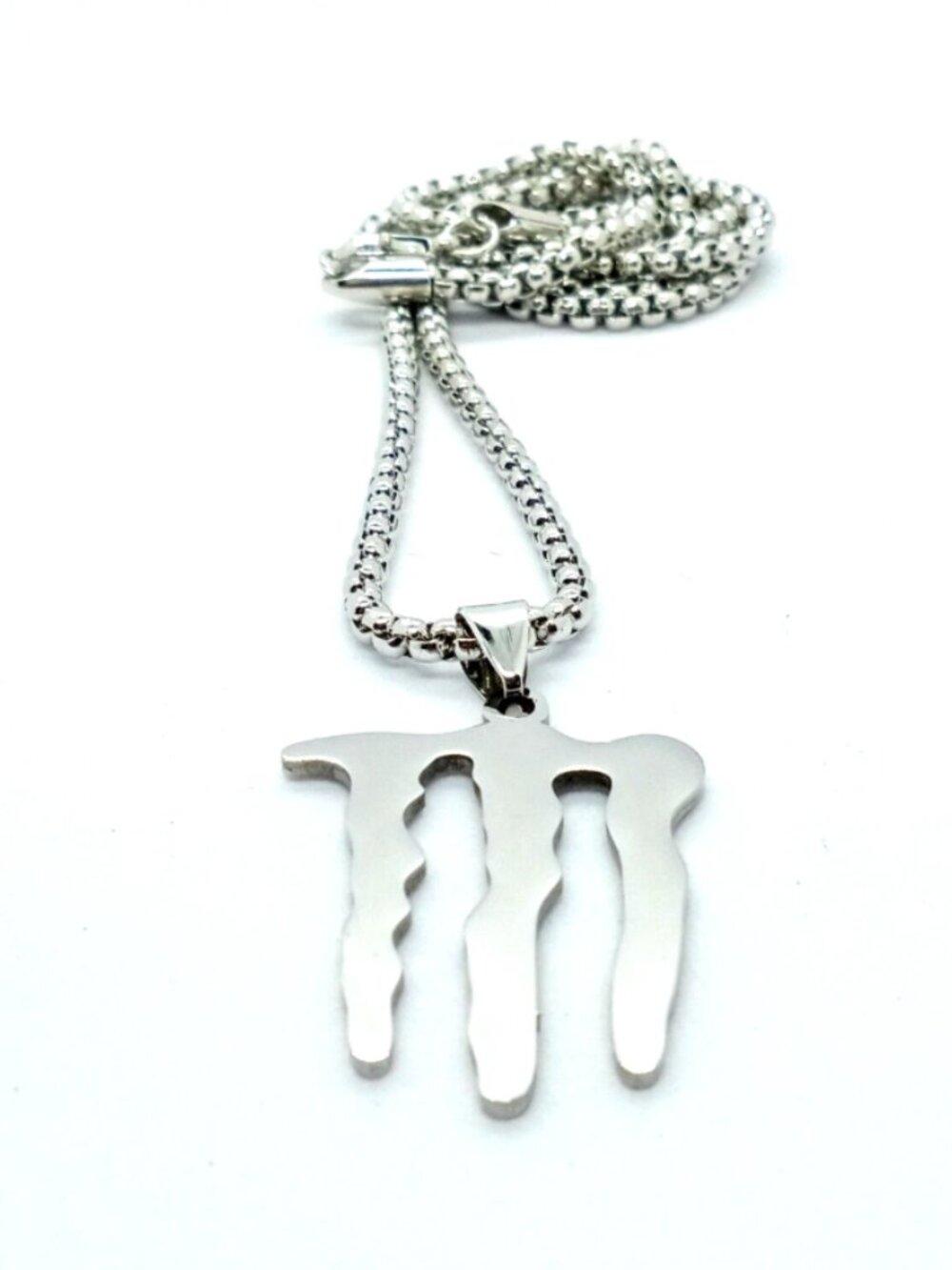 ENERGY DRINK NECKLACE - Stainless Steel "M" Logo Pendant with 23" Chain (Silver) - Picture 3 of 7